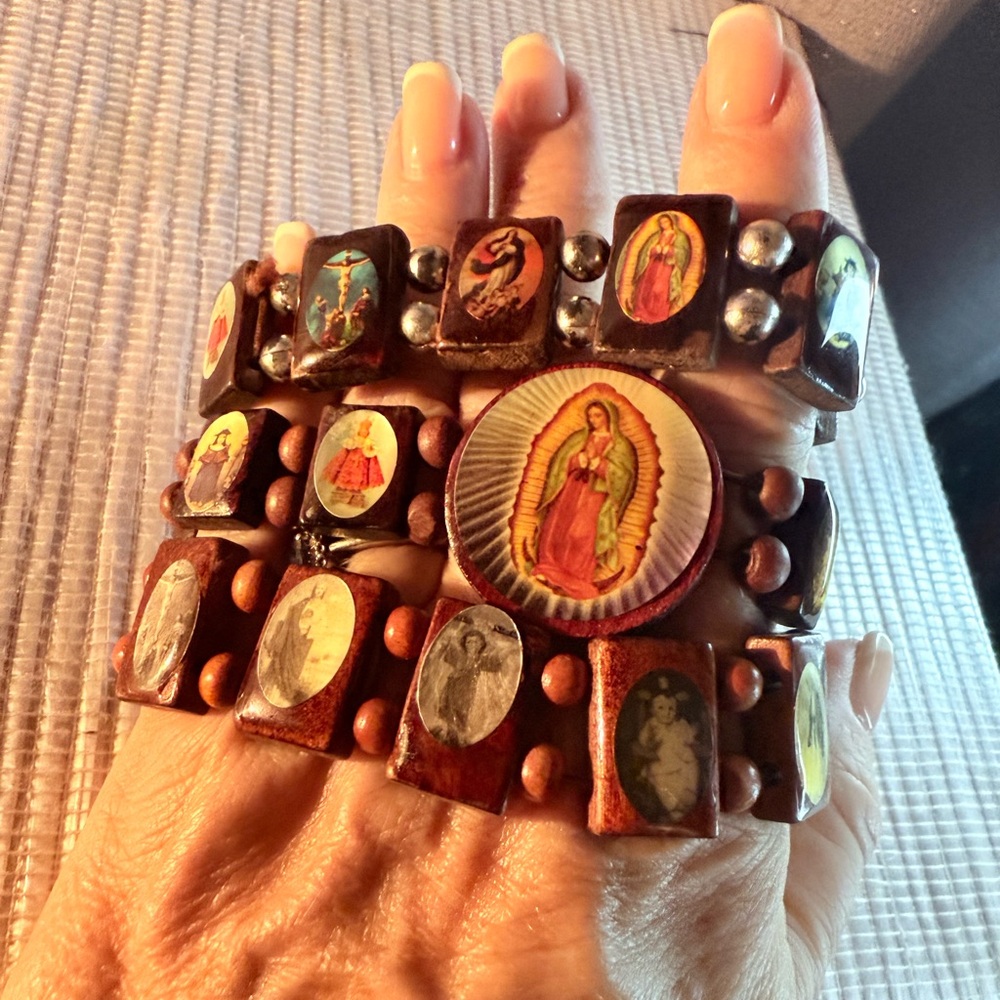 Set of 3 Catholic Saint Wooden Stretch Bracelets